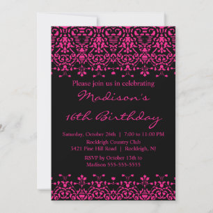 Fuchsia Damask Sweet sixteen Birthday-inbjudan Inbjudningar