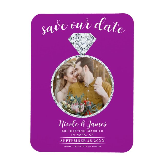 Fuchsia Diamantring Bling Foto Spara Datum Magnet (Vertikal)
