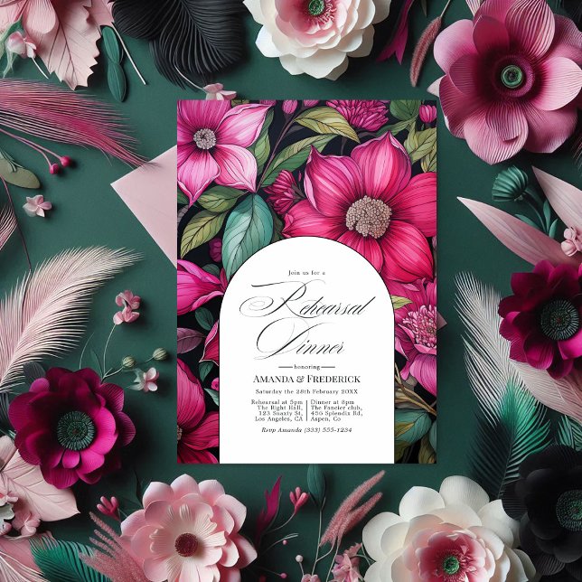 Fuchsia, Emerald Grönt och Black Rehearsal Middag Inbjudningar (Fuchsia, Emerald Green and Black Rehearsal Dinner Invitation)