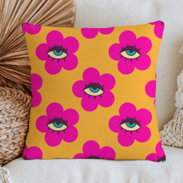 Fuchsia Evil Eye Tusenskönor Blommor på Gul Retro Kudde