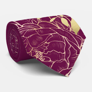 Fuchsia & Faux Guld Peony Modern Blommigt Bröllop Slips
