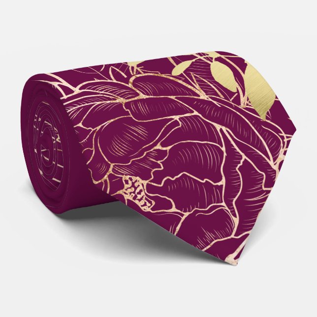 Fuchsia & Faux Guld Peony Modern Blommigt Bröllop Slips (Rullad)
