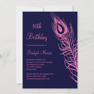 Fuchsia Feathers Sweet 16 Birthday Call Inbjudningar