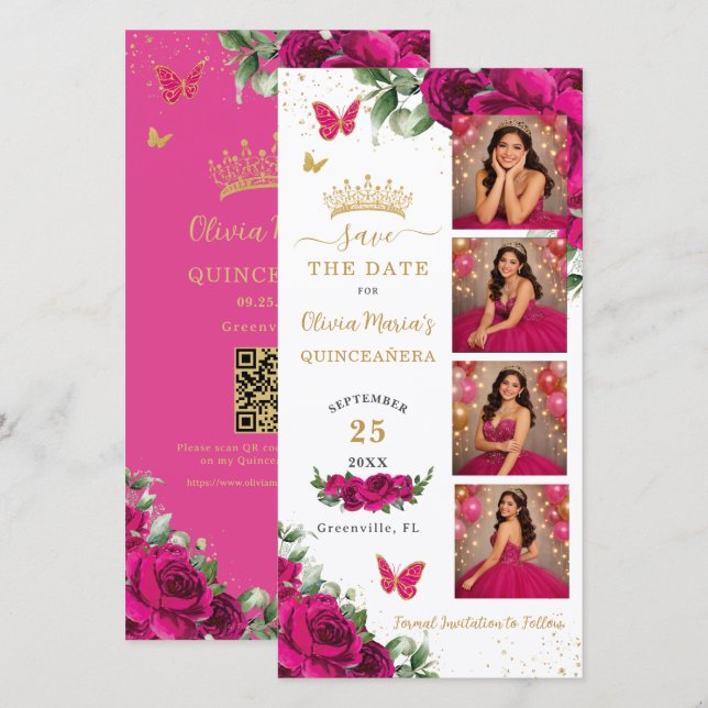 Fuchsia Floral Photo Booth Quinceanera QR code Spara Datumet (Fram/baksida)