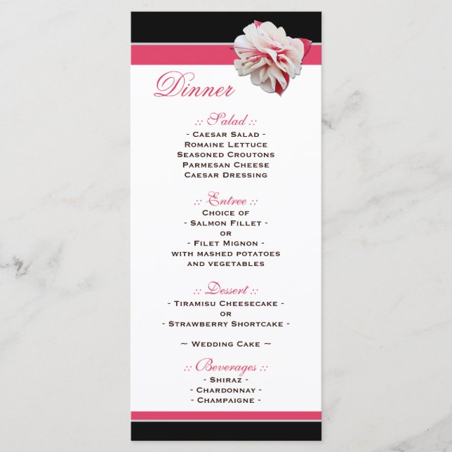 Fuchsia Flower Rosa & Black Wedding Reception Menu Meny (Framsida)