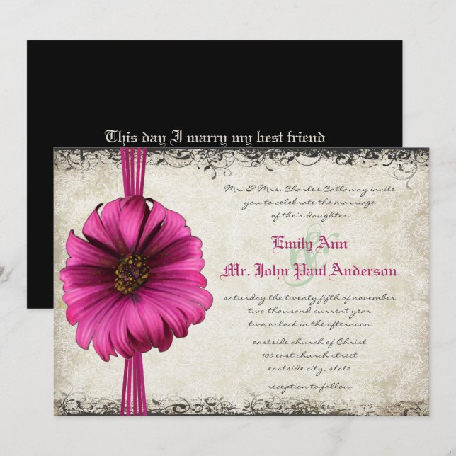 Fuchsia Gerber Daisy Bröllopsinbjudan Inbjudningar (Fram/baksida)