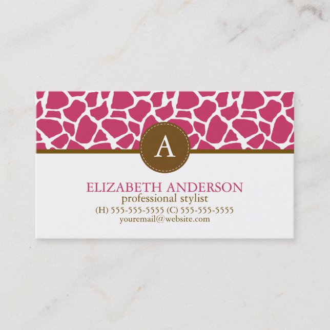Fuchsia Giraffe Mönster Monogram Visitkort (Framsida)