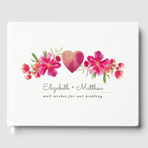Fuchsia Grönt Blommigt Watercolor Bröllop Gästböcker