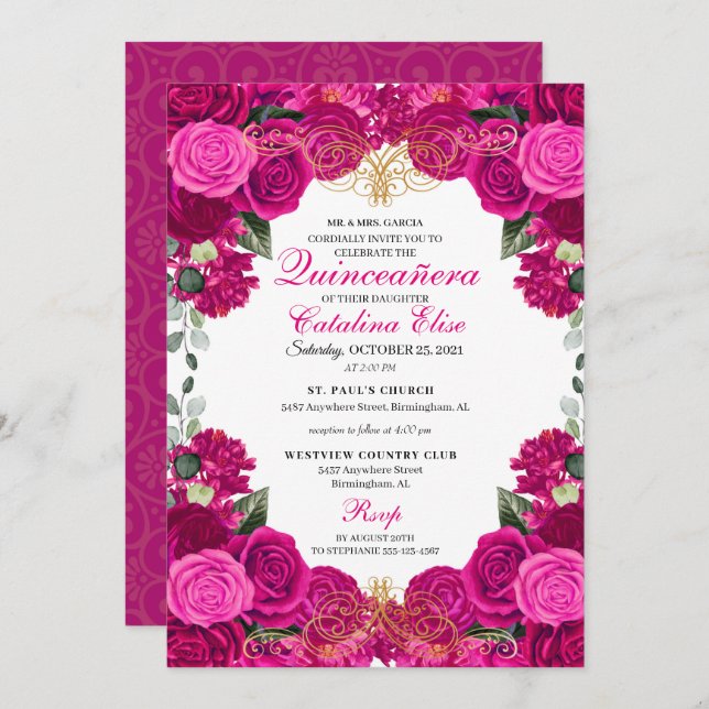 Fuchsia & Guld Blommigt Quinceanera Birthday Inbjudningar (Fram/baksida)
