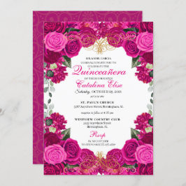 Fuchsia & Guld Blommigt Quinceanera Birthday Inbjudningar