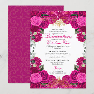 Fuchsia & Guld Blommigt Quinceanera Birthday Inbjudningar