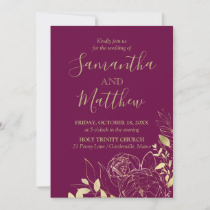 Fuchsia & Guld Peony Modern Blommigt Bröllop Inbjudningar
