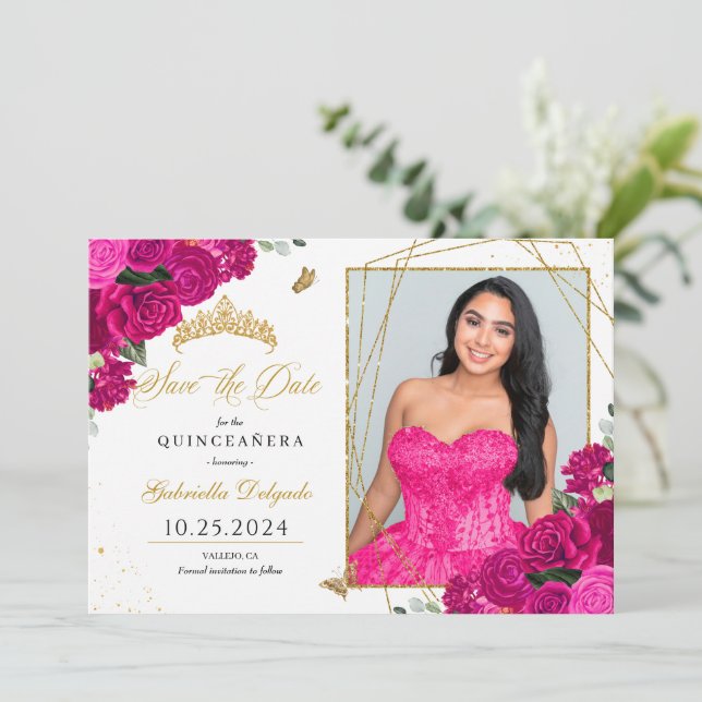Fuchsia & Guld Quinceañera Spara datumfoto Inbjudningar (Stående Fram)