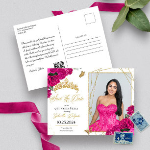 Fuchsia & Guld Tiara Quinceañera Foto Postkort Vykort