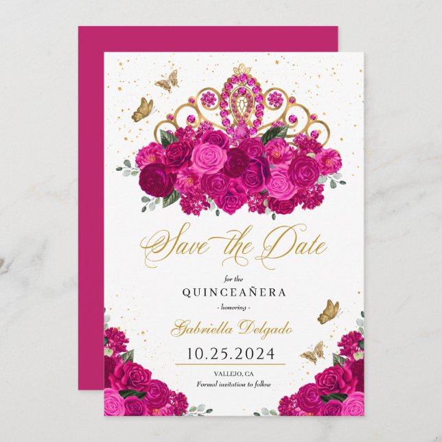 Fuchsia & Guld Tiara Spara datumet Quinceañera Inbjudningar (Fram/baksida)