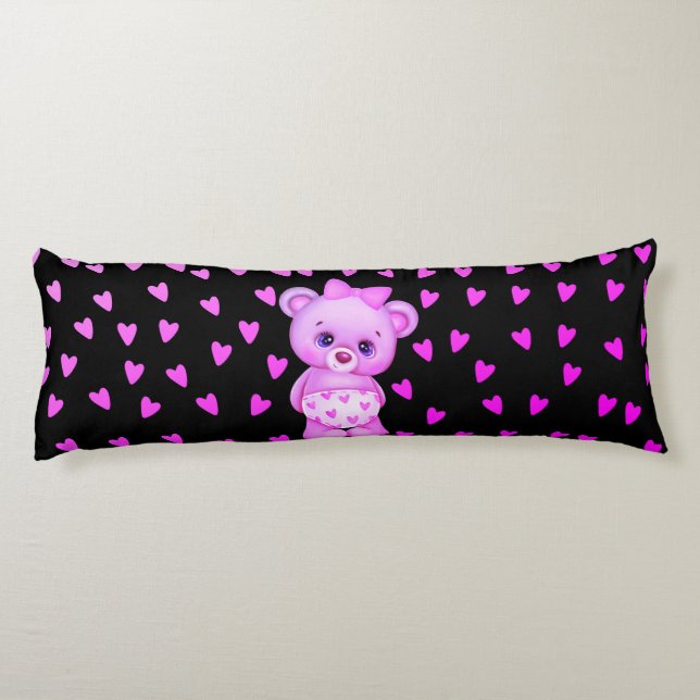 Fuchsia Heart Print Nalle Body Pillow Kroppskudde (Baksidan)