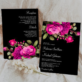 Fuchsia Hot Pink Rosor Allt i en Svart Bröllop Inbjudningar