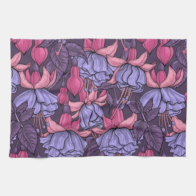 Fuchsia i rosa och violett kökshandduk (Horisontell)