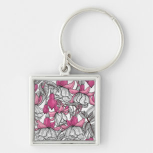 Fuchsia i vitt och rosa fyrkantig silverfärgad nyckelring