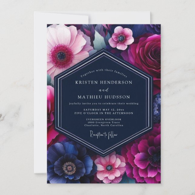 Fuchsia Jewel-Tone Bloom Wedding Inbjudningar (Framsida)
