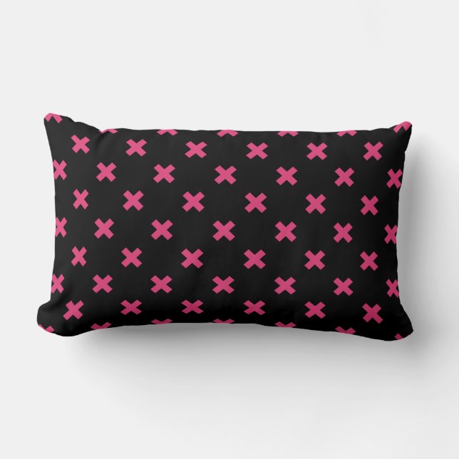 Fuchsia kor stygn på svart lumbarkudde (Framsida)