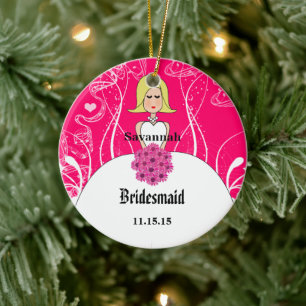 Fuchsia Kort Blond Hår Klänning Brudtärna Ornament