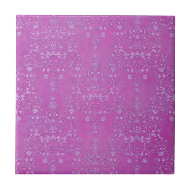 Fuchsia Lila Blommig Damaskmönster Kakelplatta (Framsidan)