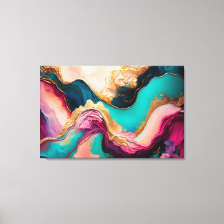 Fuchsia, Lila, Teal & Guld Marble Abstrakt Art Canvastryck