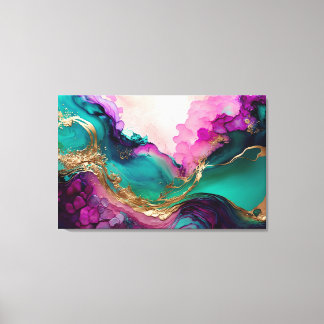 Fuchsia, Lila, Teal & Guld Marble Abstrakt Art Canvastryck