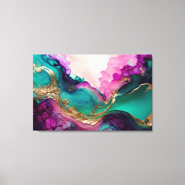 Fuchsia, Lila, Teal & Guld Marble Abstrakt Art Canvastryck (Framsida)