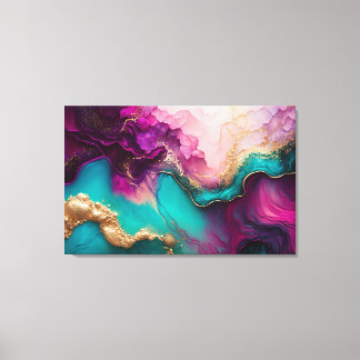 Fuchsia, Lila, Teal & Guld Marble Abstrakt Art Canvastryck