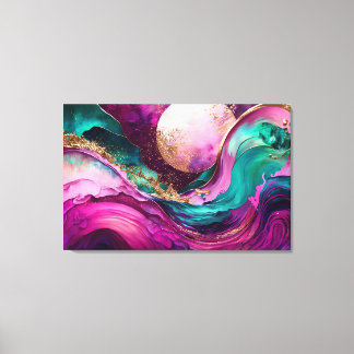 Fuchsia, Lila, Teal & Guld Marble Abstrakt Art Canvastryck