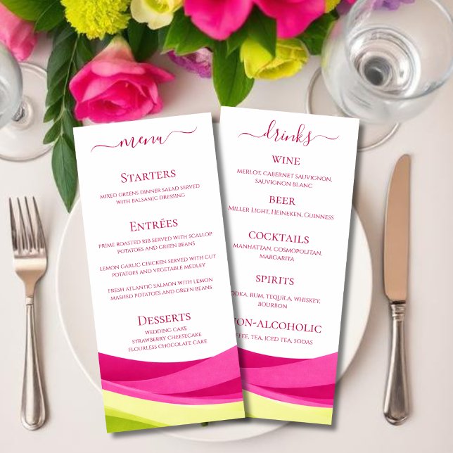 Fuchsia & Limegrön Bröllopsmiddag och Barmeny  Meny (Fuchsia and Lime Green Wedding Dinner and Bar Menu )