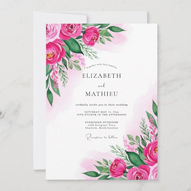 Fuchsia Lush Watercolor Wedding Inbjudningar (Framsida)