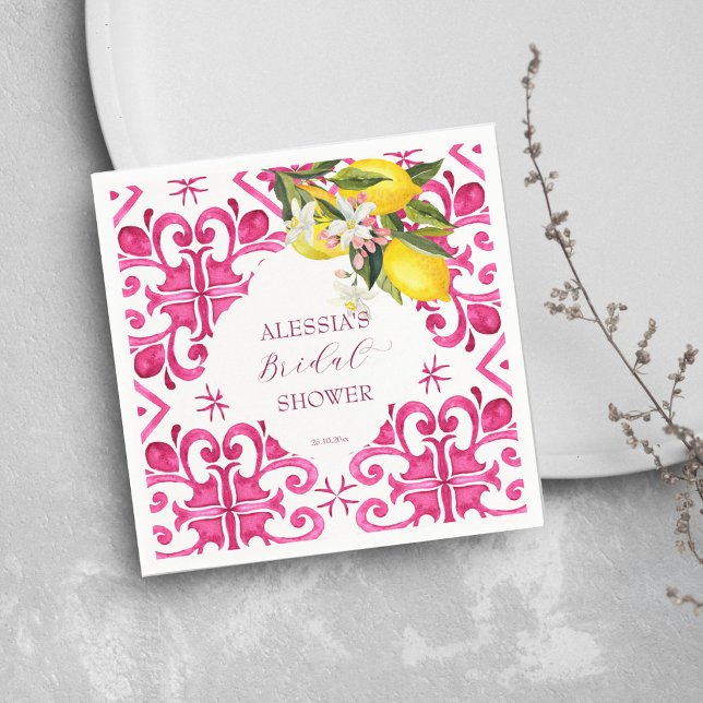 Fuchsia Majolica magenta kakel bröllopsdusch  Pappersservett (Fuchsia Majolica magenta tiles lemons bunch bridal shower tableware personalized Napkins modern)