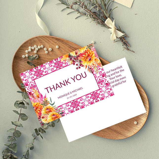 Fuchsia Majolica-plattor orange dahlias Tack Kort (Fuchsia Majolica tiles orange dahlias Thank You Card wedding thank you bridal shower thank you cards)