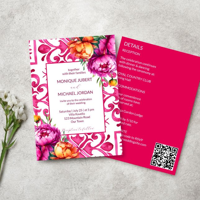 Fuchsia Majolica plattor orange peonies alla i ett Inbjudningar (Fuchsia Majolica tiles orange pink peonies all in one wedding template Invitation digital download)
