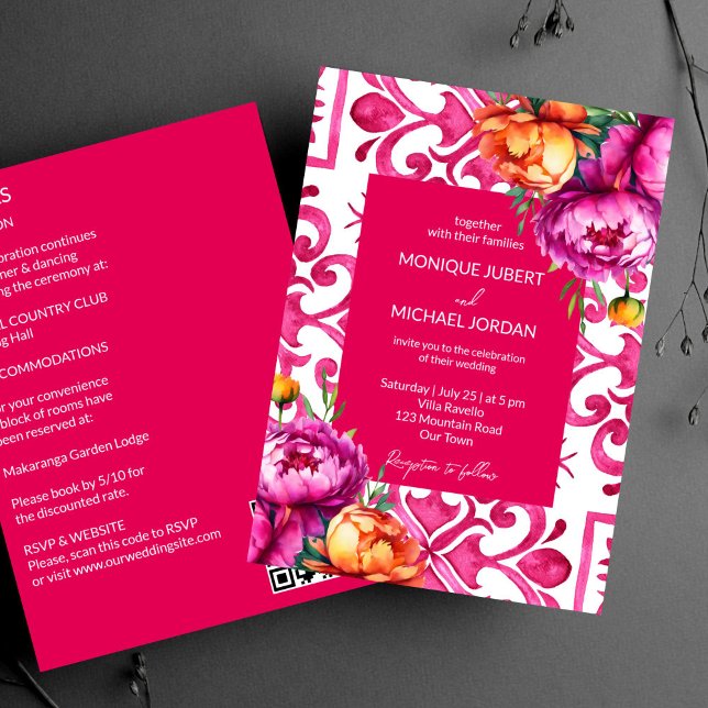 Fuchsia Majolica plattor orange peonies alla i ett Inbjudningar (Fuchsia Majolica tiles orange peonies all in one template Invitation digital download QR RSVP detail)