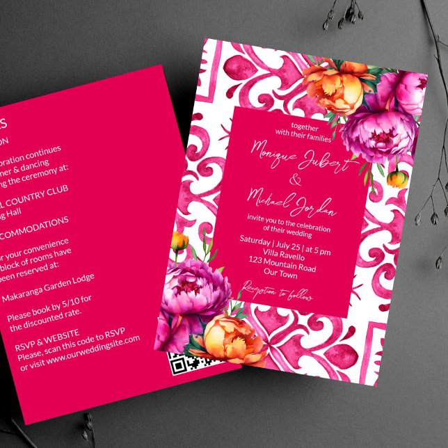 Fuchsia Majolica plattor orange peonies alla i ett Inbjudningar (Fuchsia Majolica tiles orange pink peonies all in one template Invitation digital download QR RSVP)