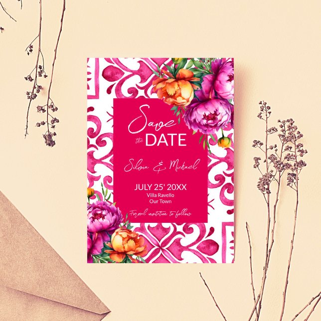 Fuchsia Majolica-plattor orange peonies bröllop Spara Datumet (Fuchsia Majolica tiles orange pink peonies wedding Save The Date card invitation template digital)