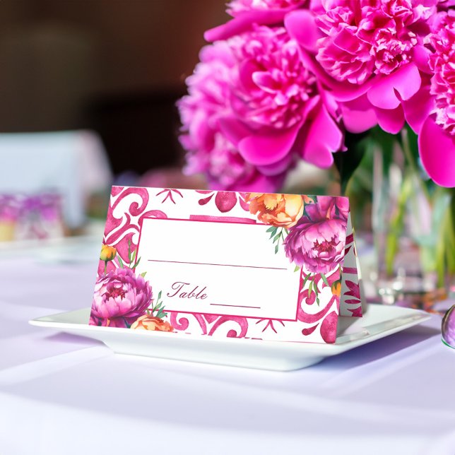 Fuchsia Majolica-plattorna magenta bröllop Placeringskort (Fuchsia Majolica tiles magenta peonies wedding Place Card personalized table decor)