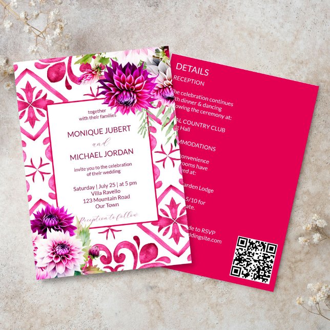 Fuchsia Majolica-plattorna magenta dahlia alla i e Inbjudningar (Fuchsia Majolica tiles magenta dahlia all in one simple wedding template Invitation digital download)