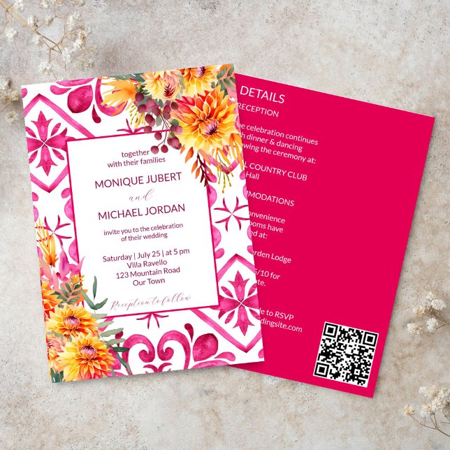 Fuchsia Majolica-plattorna orange dahlia alla i et Inbjudningar (Fuchsia Majolica tiles orange dahlia all in one wedding template Invitation digital download simple)