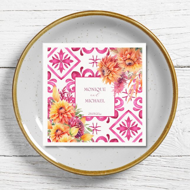 Fuchsia Majolica-plattorna orange dahlia-mall Pappersservett (Fuchsia pink Majolica tiles orange dahlia template Napkins personalized wedding tableware decor)