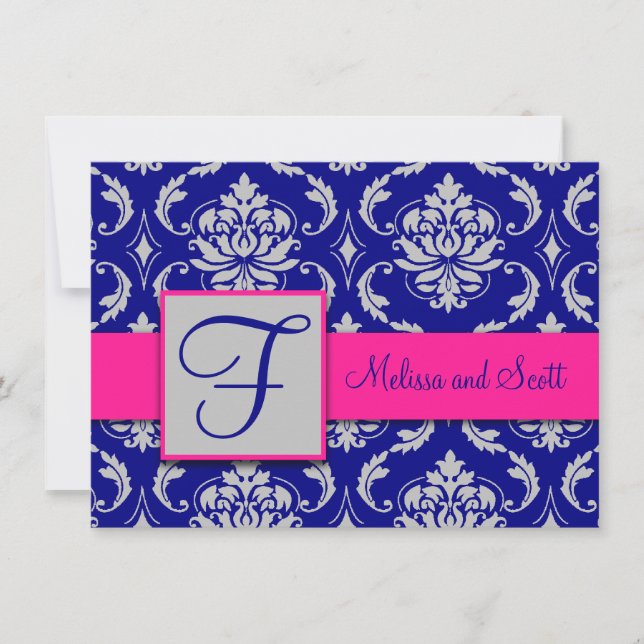 Fuchsia Marinblå Silver Damask Save the Date 1B Inbjudningar (Framsida)