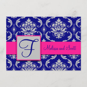 Fuchsia Marinblå Silver Damask Save the Date 1B Inbjudningar
