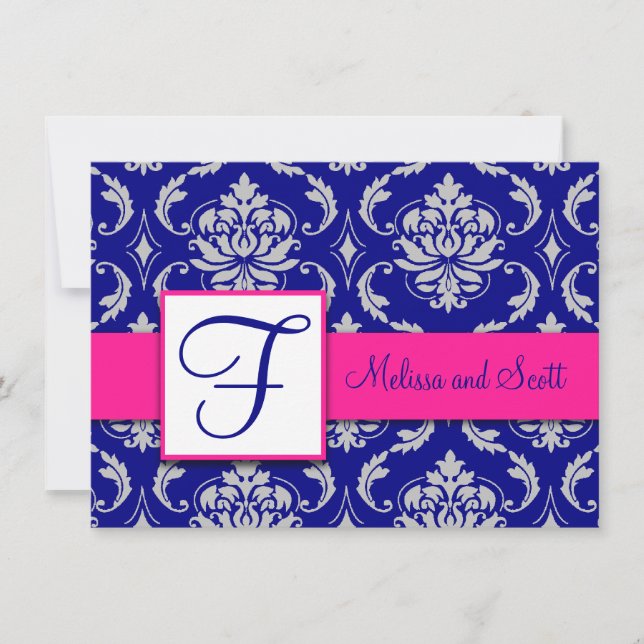 Fuchsia Marinblå Silver Damask Spara datum 4A Inbjudningar (Framsida)