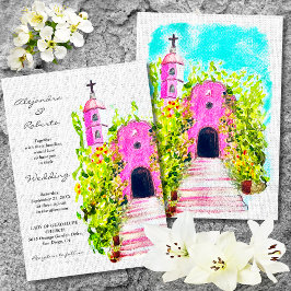 Fuchsia Mexican Chapel med Blommigt Vines Bröllop Inbjudningar