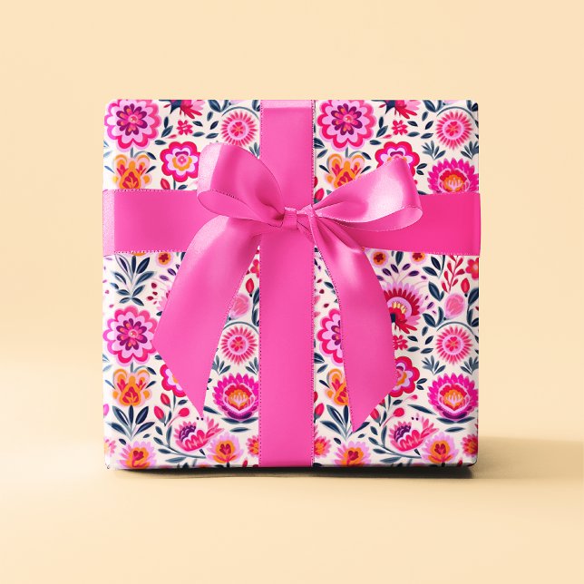 Fuchsia Mexican Flowers Mönster Vibrant Presentpapper (Skapare uppladdad)