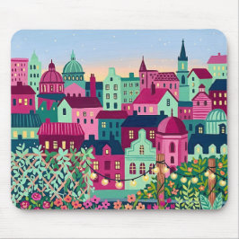 Fuchsia & Mint Skyline Musmatta – Stadsmiljö i sky